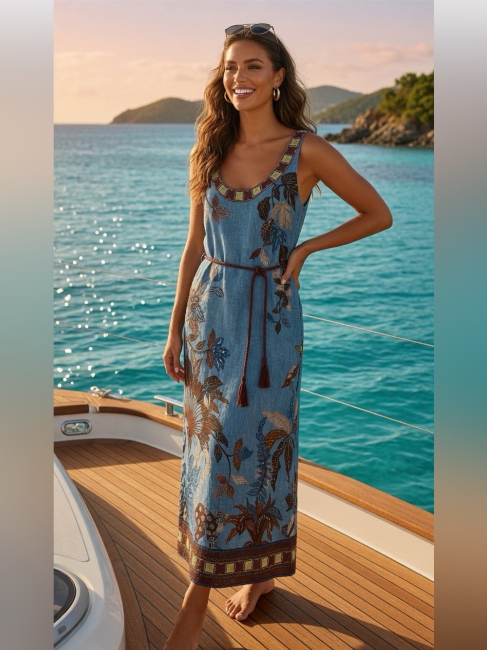 Alemais Light Blue Floral Boho Maxi Dress with Embroidered Trim m/l oversized